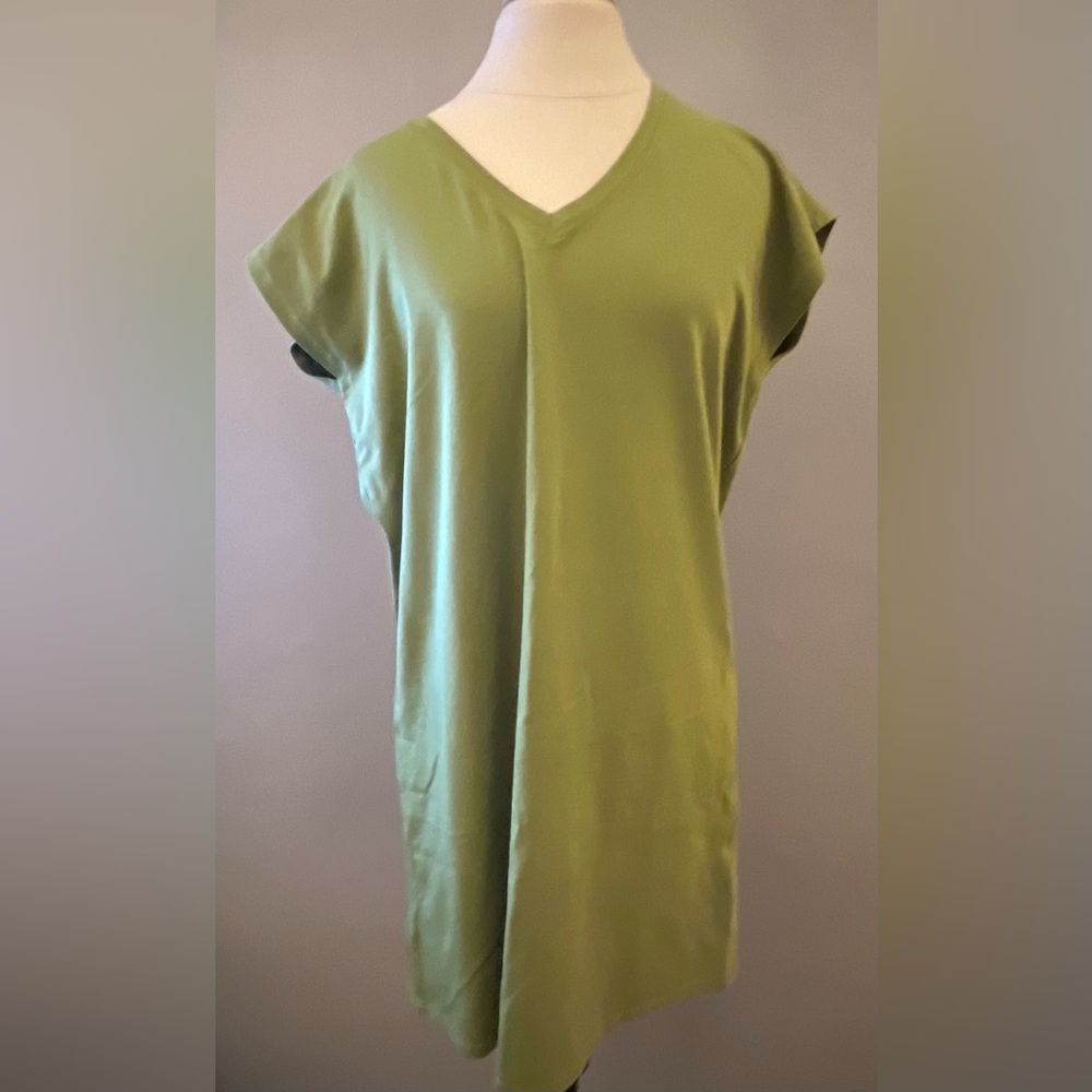 NWOT $168 Eileen Fisher Mustard Green Organic Cotton V-Neck Boxy Dress XS.